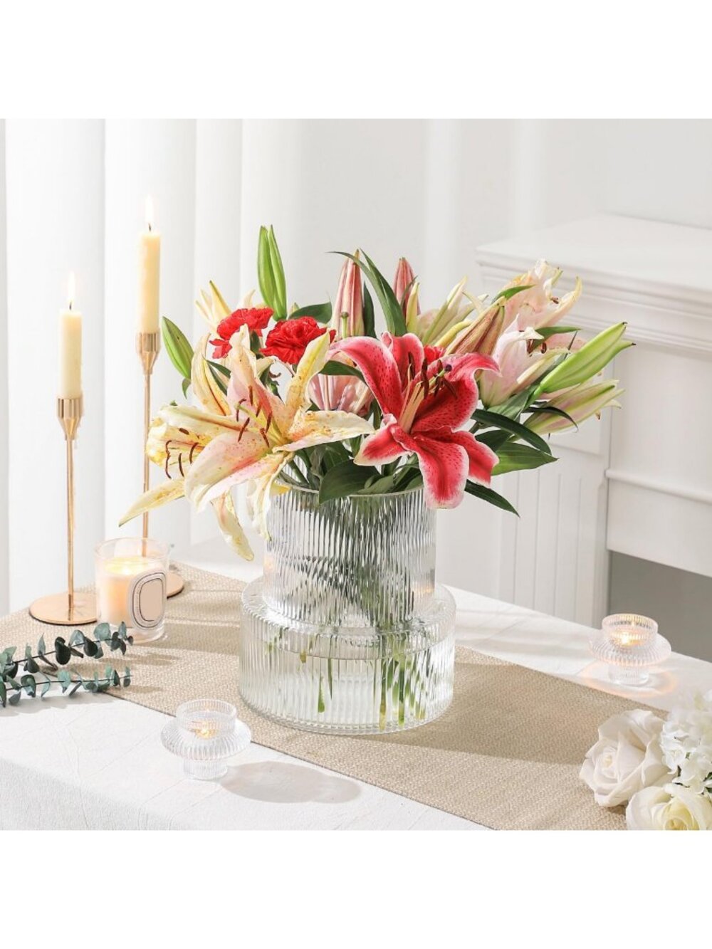 Large Ribbed Glass Vase for Flowers - Fluted Clear Decor for Living Room, Office